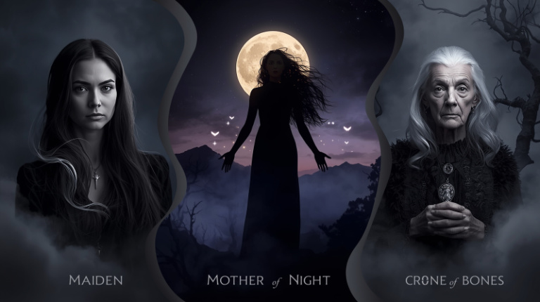 The Three Faces of the Dark Goddess – Maiden of Shadows, Mother of Night, Crone of Bones